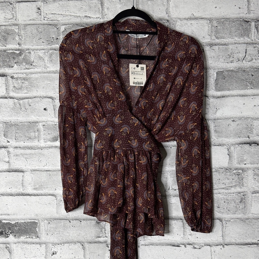 NWT Zara Burgundy Paisley Sheer Wrap Blouse with Side Tie